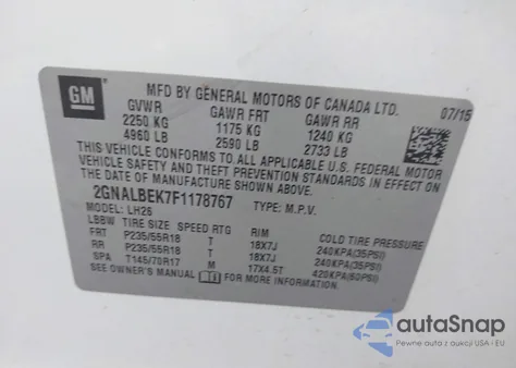 2015 Chevrolet Equinox 1Lt из США, поврежденный, VIN 2GNALBEK7F1178767